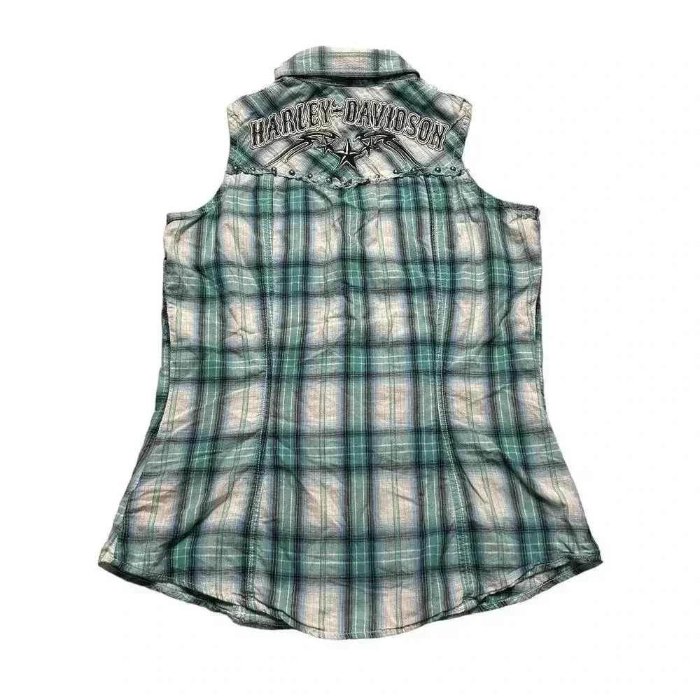 Blue plaid Harley Davidson Vest women’s XS button up embroidered cutoff y2k